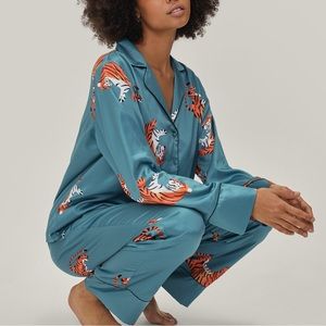 Nasty Gal Satin Tiger Pajama Shirt and Pants Set
